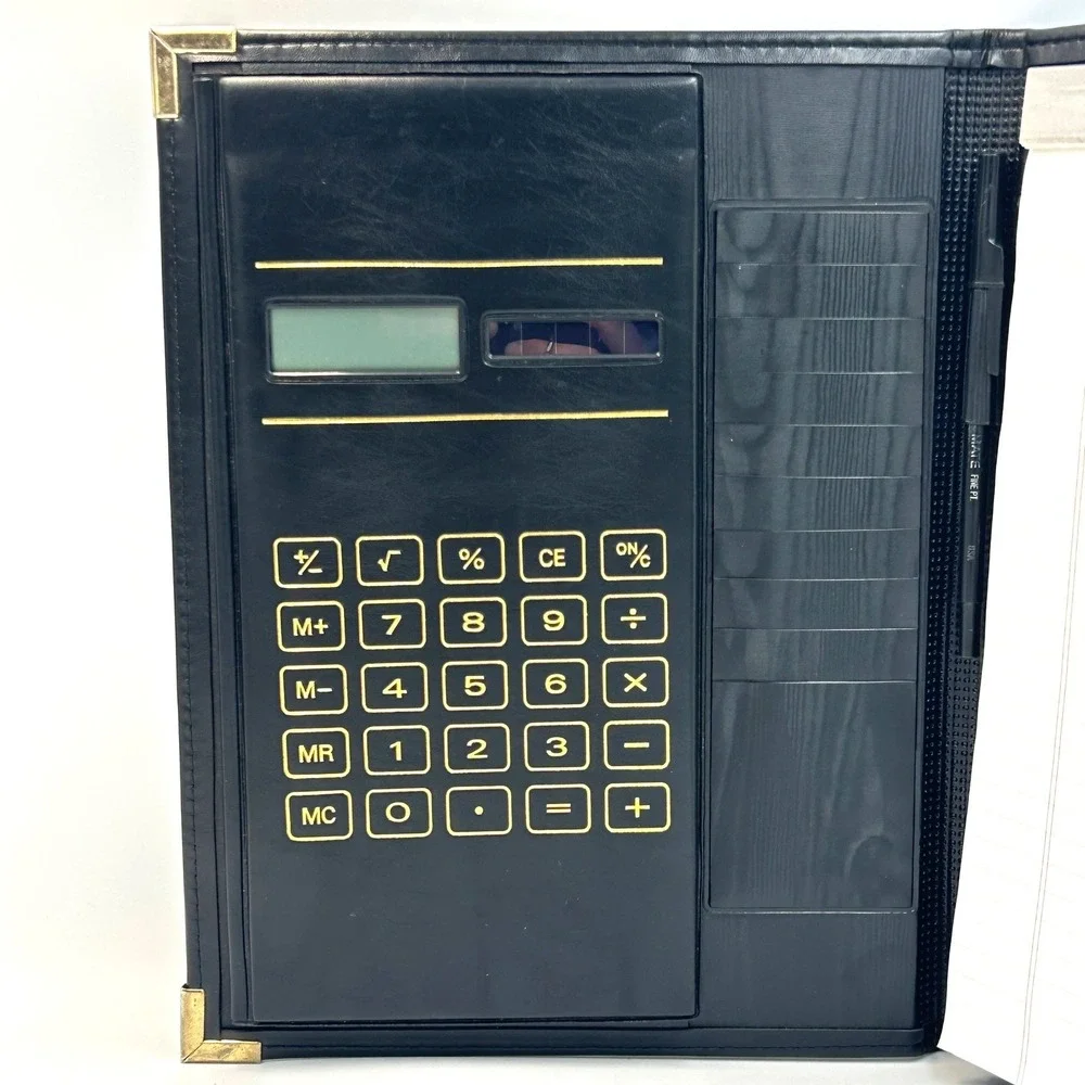 Vintage InteliDesign Portfolio Faux Leather Solar Calculator Padfolio 90s Black